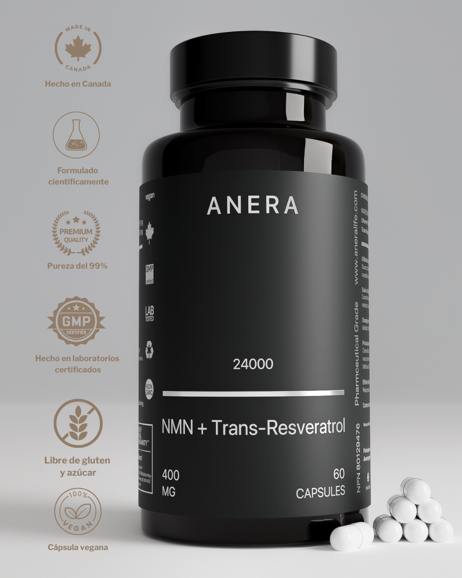 Anera NMN Transresveratrol. Hecho en Canada en laboratorios con certificación GMP, formulado científicamente con pureza del 99%. Libre de gluten y azúcar. Cápsula vegana