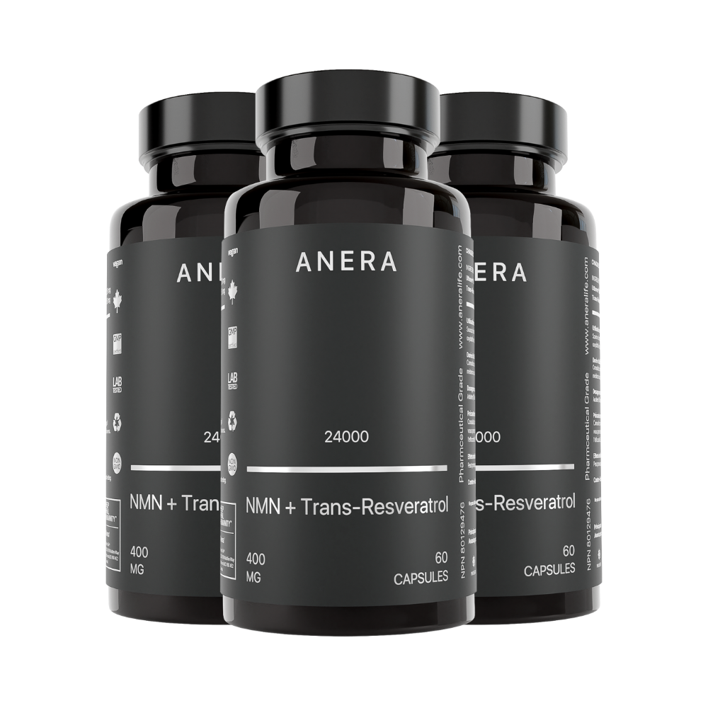 Ciencia avanzada antienjevecimiento con poderosa fórmula de 250 mg de NMN y 150 mg de Trans-Resveratrol. ! 3 Botes con 60 cápsulas.